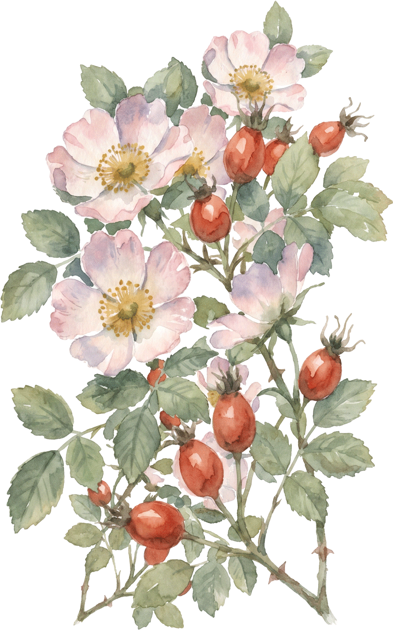 Watercolour wild dog-roses and rosehips, the botanicals behind the serum